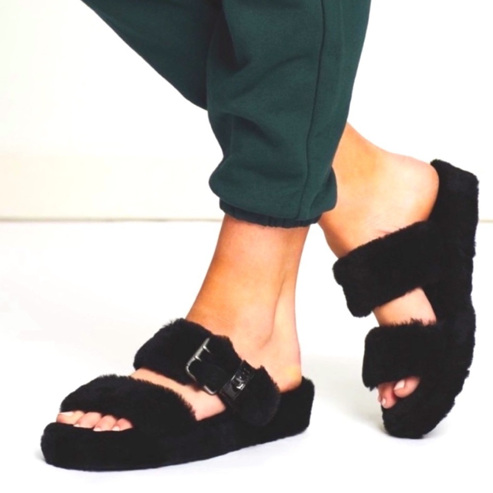 UGG Black Fuzzy Sherpa Slide Sandals